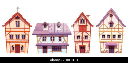 Old half-timbered houses in german village. Traditional medieval european buildings. Vector cartoon set of fachwerk cottages with facade from stone and timber isolated on white background Stock Vector