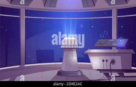 Spaceship control center, captain cabin interior with datacenter hud panel and large windows cosmos view. Futuristic alien orlop, cockpit in spacecraft, interstellar rocket Cartoon vector illustration Stock Vector