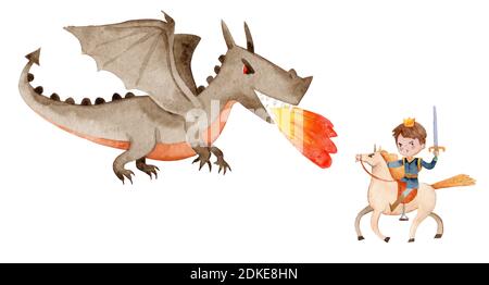 Illustration of a knight fighting a big scary dragon Stock Photo