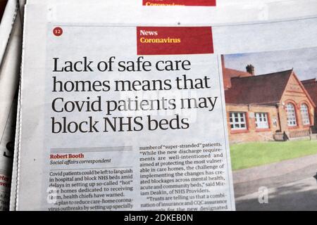 'Lack of safe care homes means that Covid patients may block NHS beds' Guardian newspaper headline Covid 2nd wave article 18 November 2020 London UK Stock Photo