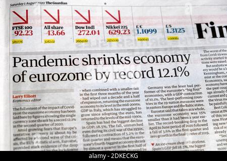 Guardian newspaper headline inside Financial section page article 1 August 2020 'Pandemic shrinks economy of eurozone by record 12.1%' London UK Stock Photo