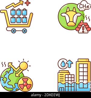 Global warming RGB color icons set Stock Vector