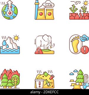Global warming RGB color icons set Stock Vector