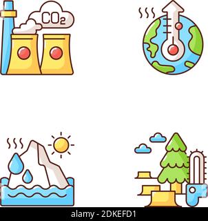 Global warming RGB color icons set Stock Vector