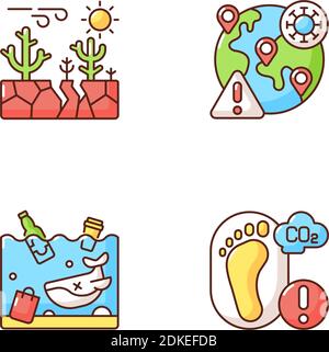 Global warming RGB color icons set Stock Vector