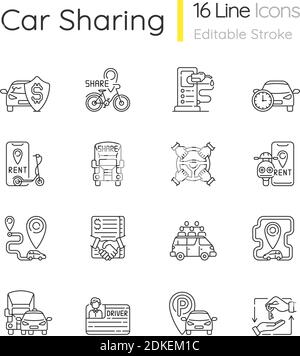 Car sharing and rental service linear icons set. One way carsharing. Parking area for vehicles. Customizable thin line contour symbols. Isolated vecto Stock Vector