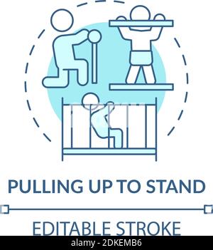 Pulling up to stand turquoise concept icon. First step to walking. Physical ability. Early childhood development idea thin line illustration. Vector i Stock Vector