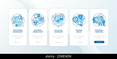 Childhood development blue onboarding mobile app page screen with concepts. Personal responsibility growing up walkthrough 5 steps graphic instruction Stock Vector