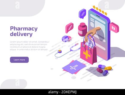Pharmacy delivery banner. Online drugstore service. Vector landing page with isometric smartphone and hand give bag with medicine drugs, pills, medicaments and medical supplies on white background Stock Vector