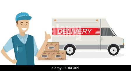 Happy caucasian deliveryman,delivery truck and carton boxes,male in uniform and transport isolated on white background,flat vector illustration Stock Vector