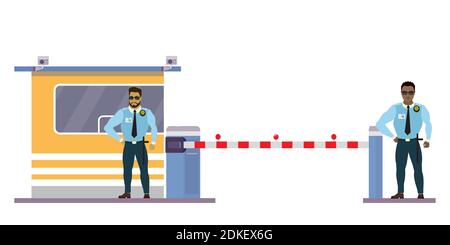 Two Male security guard at toll booth, uniformed officer or protective agent near security cabin and gate,Isolated on white background,Flat vector ill Stock Vector