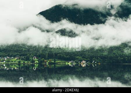 Austria, Upper Austria, Salzkammergut, Hallstätter See, mountain landscape in the fog, Stock Photo