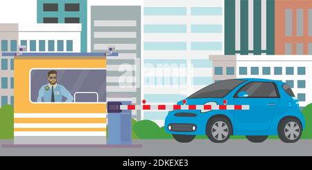 Male security guard in cabin,gate with barrier and blue car,city view on background,Flat vector illustration. Stock Vector