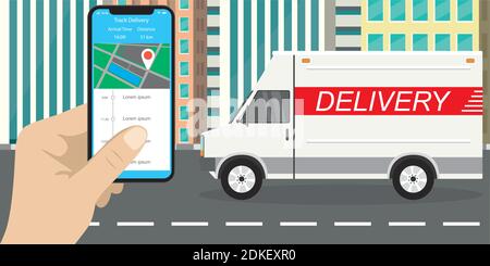 Delivery truck,van in flat style,transport on city road,hand holding mobile phone with app,delivery tracking on smartphone screen,vector illustration Stock Vector