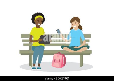 Two teen girls with gadgets are sitting on the bench,isolated on white background,flat vector illustration Stock Vector
