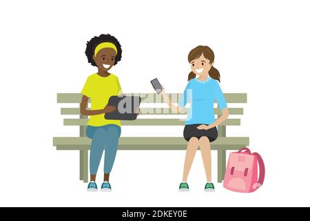 Two teen girls with gadgets are sitting on the bench,isolated on white background,flat vector illustration Stock Vector