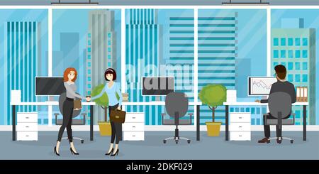 Interior of modern office or coworking place with furniture,three workplace,different people working,back and profile view,flat vector illustration. Stock Vector