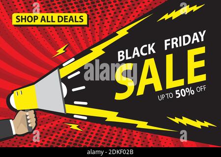 Hand holding megaphone and text black friday SALE, comic pop art design, retro style background or banner template,discount concept,Stock vector illus Stock Vector