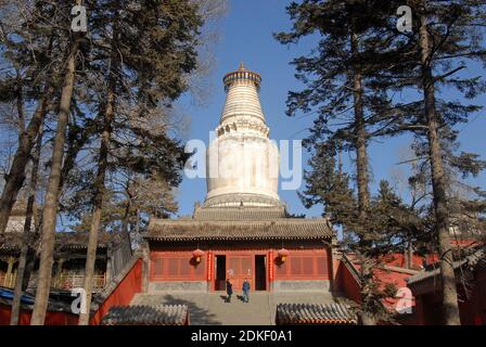 Wutaishan, Shanxi Province in China. Great White Pagoda or Dabaita or Sarira Stupa at Tayuan Temple. Stock Photo
