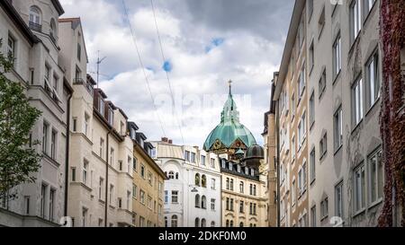 Cathedral of St. Luke's Church in the Lehel district in Munich. The Evangelical Lutheran parish church of St. Luke was built in the 18th century. Stock Photo