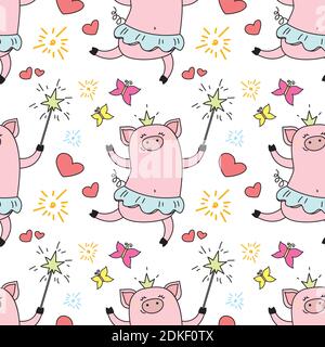 Seamless pattern with funny piggy princess,jumping pig ballerina with a crown and a magic wand,cute texture, vector illustration Stock Vector
