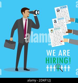 Businessman with binoculars hiring new staff and candidate hands with resume,vector illustration Stock Vector
