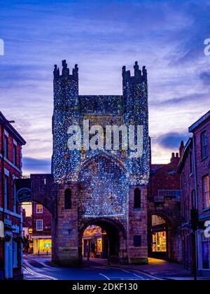 Monk Bar with illuminated 'Light Curtain' for Christmas, York, UK. Stock Photo