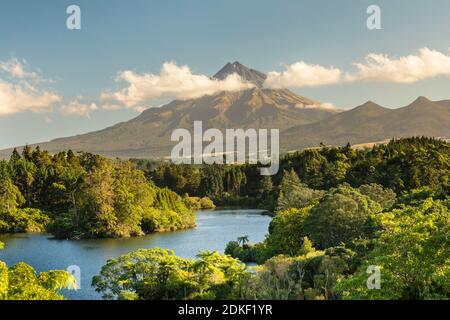Lake Mangamahoe with Mount Taranaki (2518m), Egmont National Park, Taranaki, North Island, New Zealand, Oceania