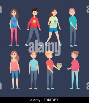 icon set of young men and women standing over blue background, colorful design, vector illustration Stock Vector