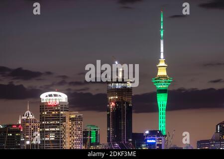 Sky Tower and Auckland skyline at night, North Island, New Zealand, Oceania Stock Photo