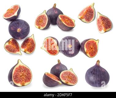 Set of whole and sliced figs isolated on white Stock Photo