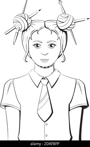 Black and white girl. Illustration Coloring Schoolgirl Stock Vector