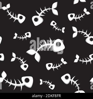 Black and white illustration. Seamless pattern fish skeleton Stock Vector