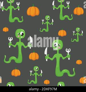 seamless pattern with monsters halloween on a black background. Stock Vector