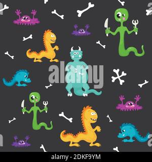 seamless pattern with monsters halloween on a black background. Stock Vector