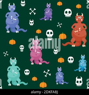seamless pattern with monsters halloween on a dark background. Stock Vector