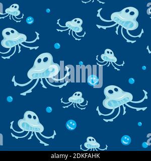 Seamless pattern jellyfish monsters on a blue background. Stock Vector