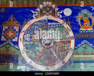 Thikse, India - 12 July 2012: Yamantaka dharmapala wrathful deity colorful wall painting, with bhavacakra and six realms of Saṃsara in Buddhist cosmol Stock Photo