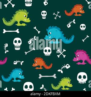 seamless pattern with monsters halloween on a dark background. Stock Vector
