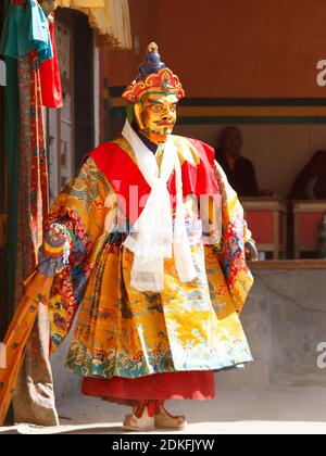 Lamayuru, India - June 16, 2012: unidentified monk performs a religious masked and costumed mystery dance of Tibetan Buddhism  at the traditional Cham Stock Photo