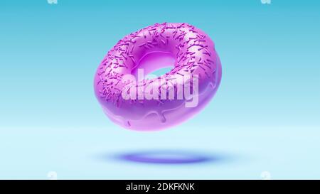 Purple donut hovering in space on blue background. 3d rendering Stock Photo