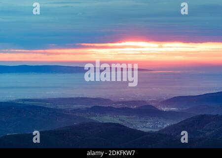 Altenmarkt an der Triesting, view to valley Triestingtal, town Berndorf, mountain Leithagebirge, Wienerwald (Vienna Woods), Niederösterreich / Lower Austria, Austria Stock Photo