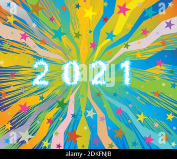 Happy New Year 2021 celebratory colorful burst background with stars and frozen ice number letters 2021. EPS file available. Stock Vector