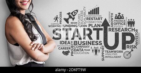 Start Up Business of Creative People Concept - Modern graphic interface showing symbol of entrepreneurship, fund, and project plan to start a new Stock Photo