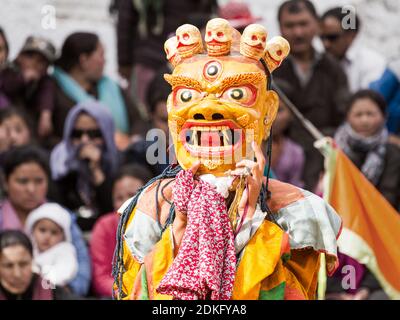 Lamayuru, India - June 17: unidentified monk performs a religious masked and costumed mystery dance of Tibetan Buddhism during the Cham Dance Festival Stock Photo