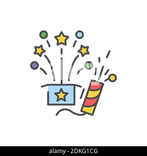Fireworks and clapperboard color line icon. Glowing lights. Editable stroke. Stock Vector