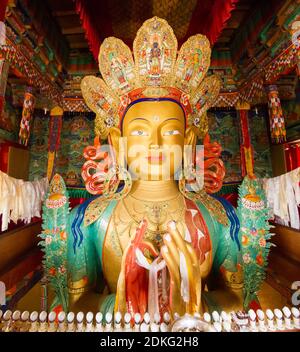 Upper part of the Giant statue of Maitreya Buddha (the largest such statue in Ladakh, covering two stories of the building) in the Thikse Monastery ne Stock Photo