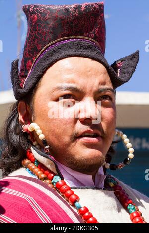Leh, Jammu and Kashmir, India - Sep 01, 2012: The Ladakhi Man in Traditional Clothing with The Familiar Hat That Is Found Only In Ladakh on the tradit Stock Photo