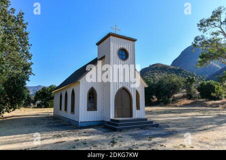 Small historic movie set church owned by US National Park Service at Paramount Ranch in the Santa Monica Mountains National Recreation Area near Los A Stock Photo