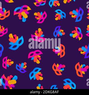 Carnaval Seamless Pattern Background.Traditional mask with feathers and confetti for fesival, masquerade, parade.Template for design invitation,flyer, Stock Vector